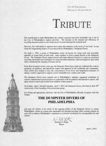 Mayor Nutter officially recognized the 20th Anniversary of the founding of the Dumpster Divers with this Tribute